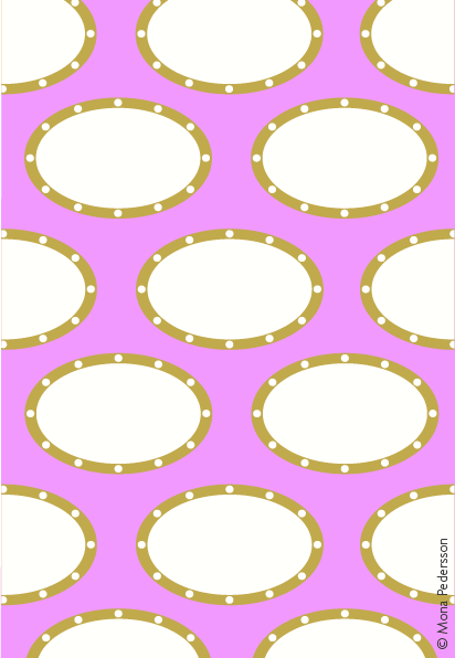 Mönsterdesign "Lyse" med konturer av gula ellipser på rosa botten och vita prickar.